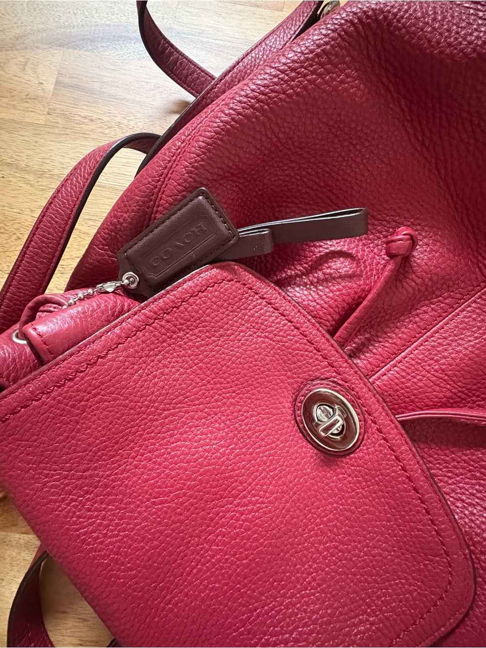Coach Pebbled Leather Drawstring Backpack in Raspberry - Picture 5 of 13